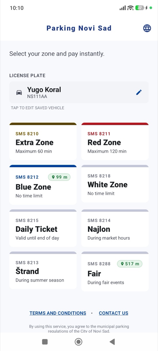 Parking Novi Sad zone selection screen