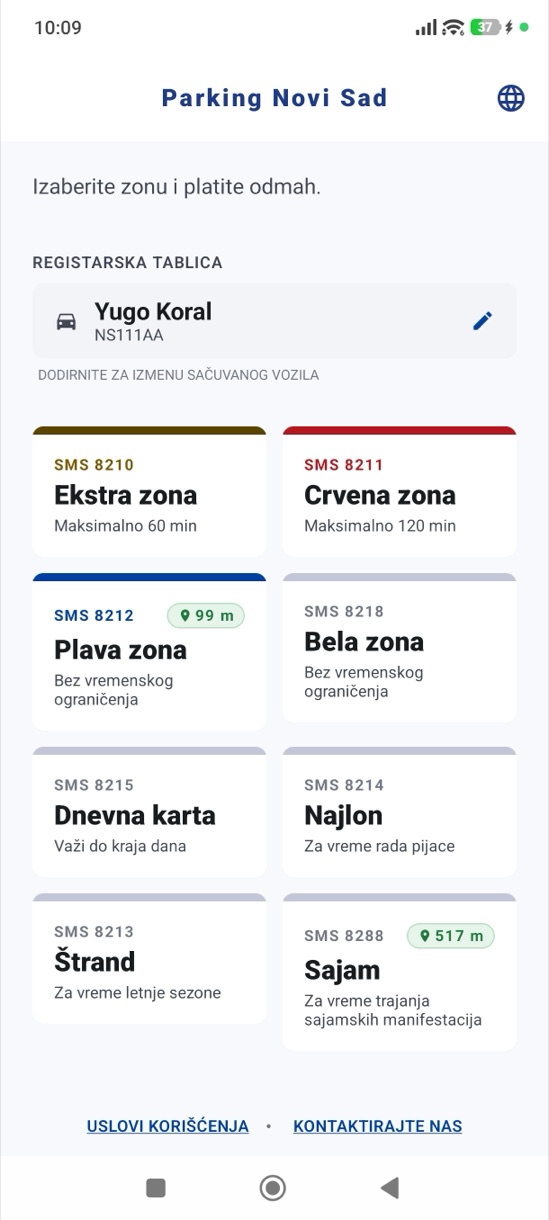 Glavni ekran aplikacije Parking Novi Sad sa izborom zone